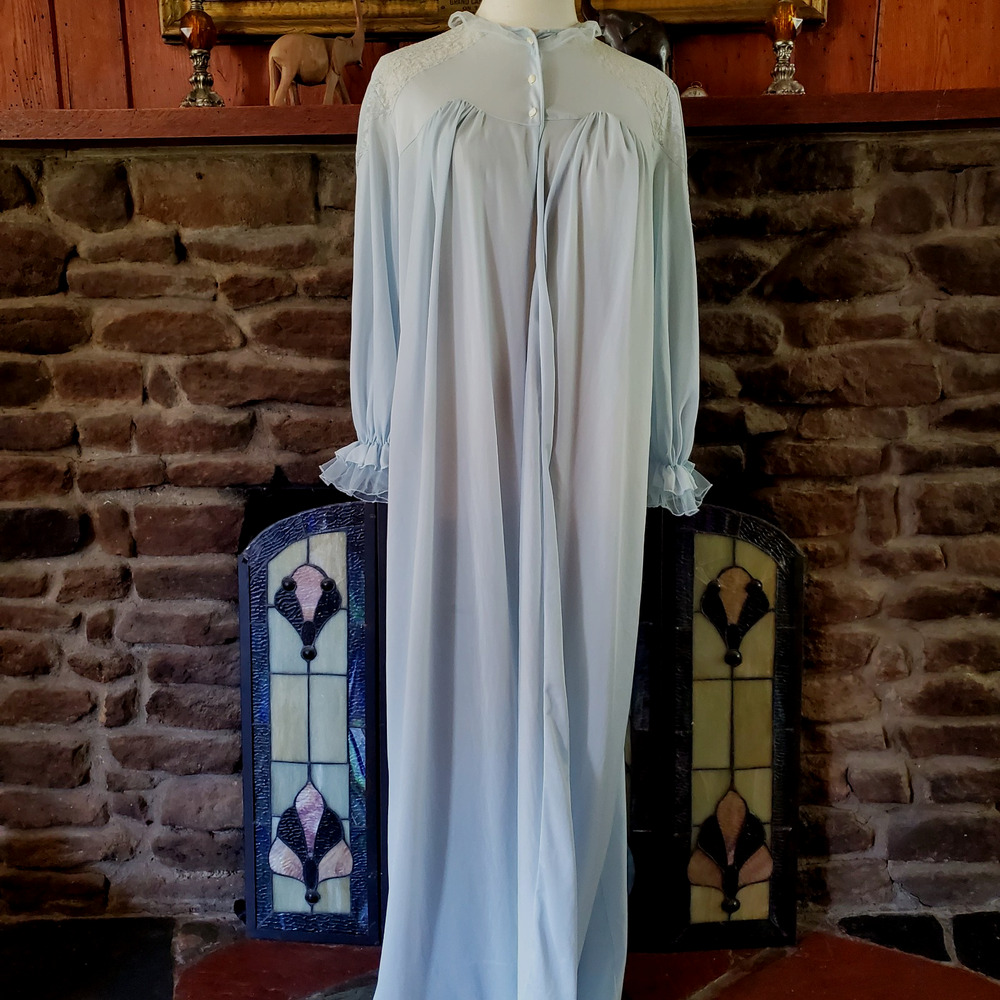Vintage LUXITE Light Blue Open Robe Gown Victorian Ruffle Modest Maxi Flawed